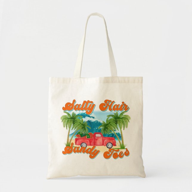 Salty Hair, Sandy Toes | Tropical Truck & Beach Tote Bag (Front)