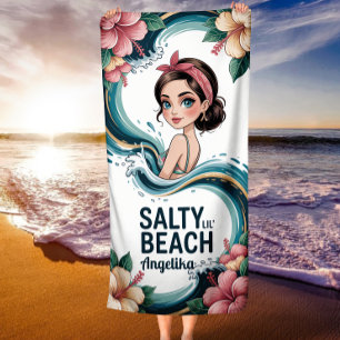 Salty Lil Tropical Hibiscus & Blue Ocean Wave Beach Towel