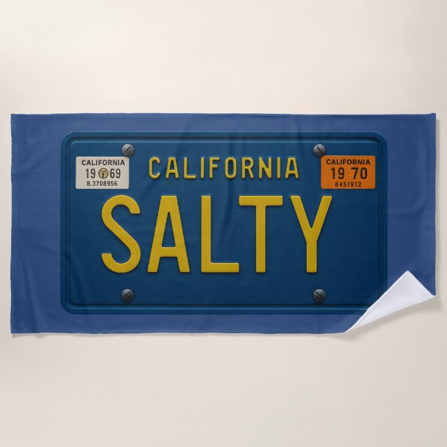 Salty -Retro 1969 California License Plate Graphic Beach Towel (Front)