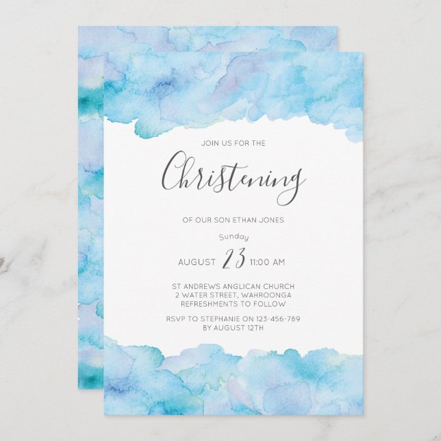 Salty sea blue watercolour Christening invitation (Front/Back)