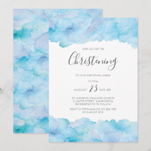 Salty sea blue watercolour Christening invitation