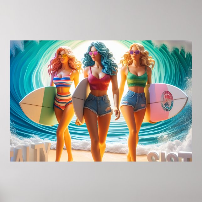 Salty Sisterhood Trio Girls Beach Walk Surfer Poster (Front)