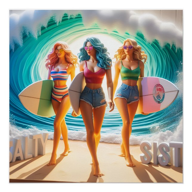 Salty Sisterhood Trio Girls Beach Walk Surfer Poster (Front)