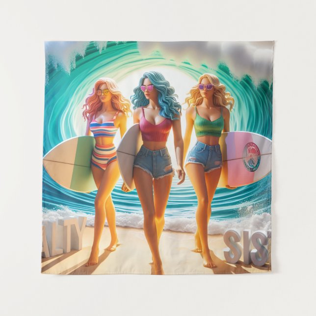 Salty Sisterhood Trio Girls Beach Walk Surfer Tapestry (Front)