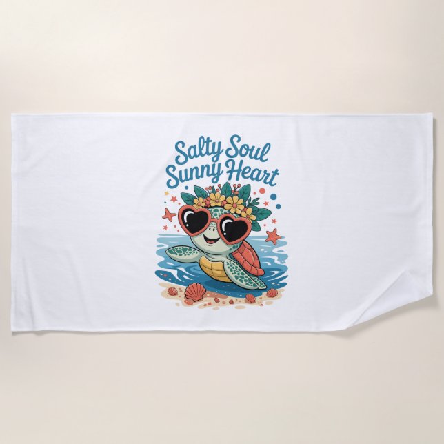 Salty Soul Sunny Heart Turtle Summer Beach Towel (Front)