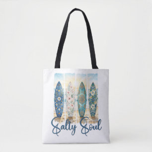 Salty Soul Teal Floral Mandala Surfboards Tote Bag