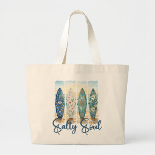 Salty Soul Teal Mandala Floral Surfboards Large Tote Bag