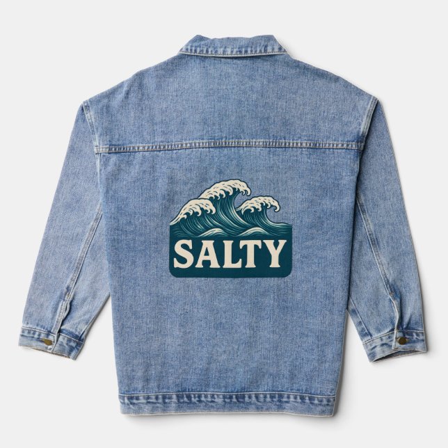 Salty Teal Blue Surf Beach Waves | Coastal Life Denim Jacket (Back)