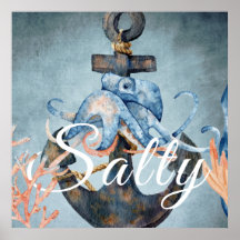 Salty Watercolor Octopus and Anchor Sea Life Beach