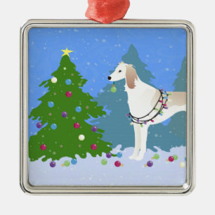 Saluki decorating a Christmas tree in the forest Metal Tree Decoration