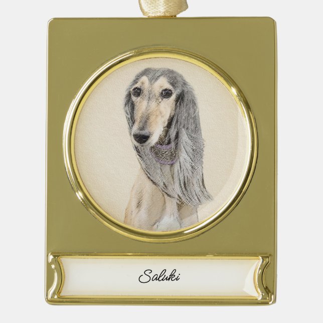 Saluki (Fawn) Painting - Cute Original Dog Art Gol Gold Plated Banner Ornament (Front)