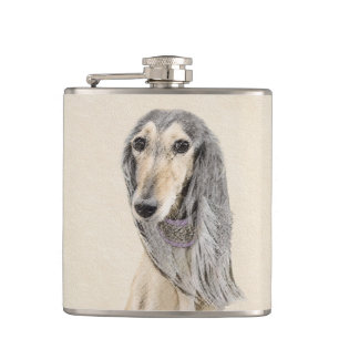 Saluki (Fawn) Painting - Cute Original Dog Art Hip Flask