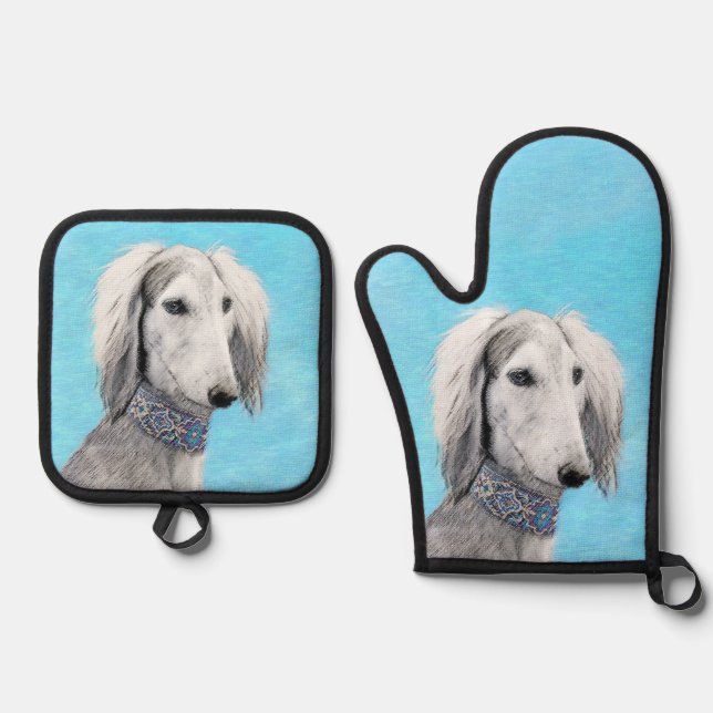 Saluki Painting Silver Feathered Original Dog Art Oven Mitt & Pot Holder Set (Front)