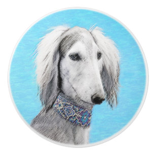 Saluki (Silver) Painting - Cute Original Dog Art Ceramic Knob