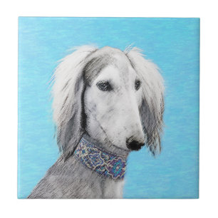 Saluki (Silver) Painting - Cute Original Dog Art Ceramic Tile