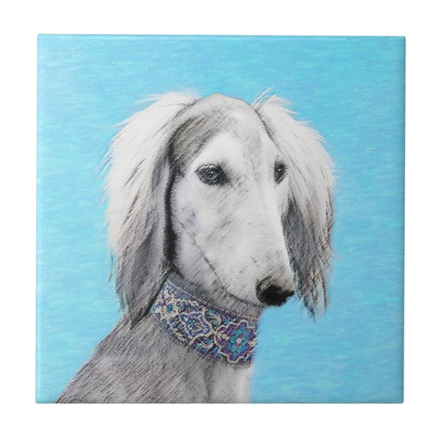Saluki (Silver) Painting - Cute Original Dog Art Ceramic Tile (Front)