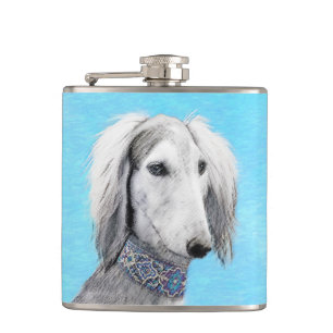 Saluki (Silver) Painting - Cute Original Dog Art Hip Flask