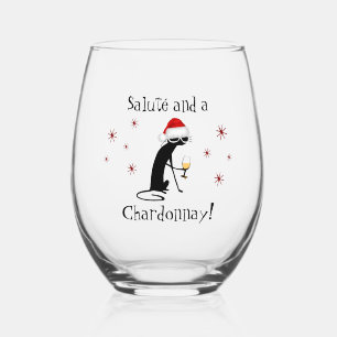 Salute' Chardonnay Funny Wine Quote Cat Stemless Wine Glass