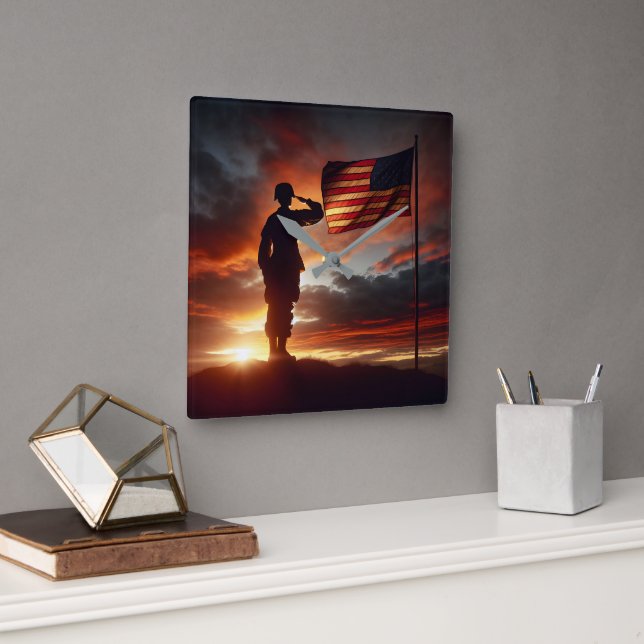 Saluting American Soldier  Square Wall Clock (Office)