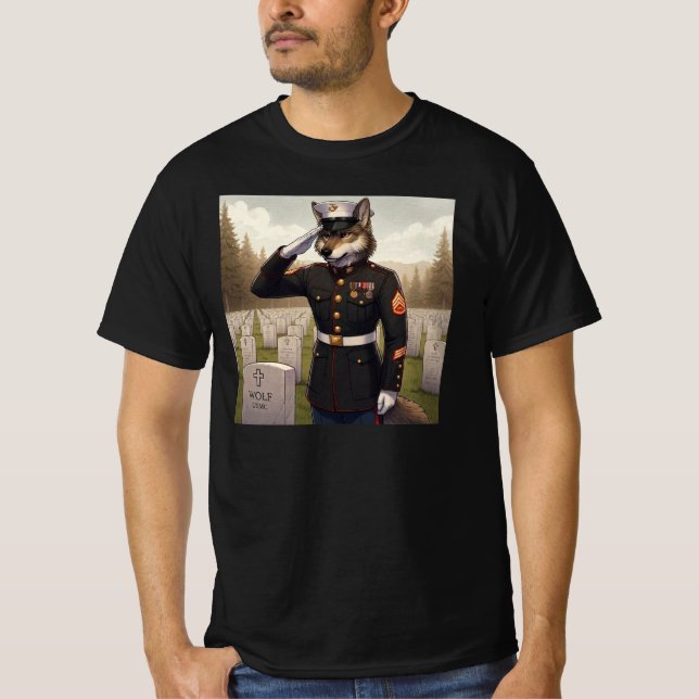 Saluting Marine Corps Wolf  T-Shirt (Front)
