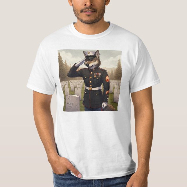 Saluting Marine Corps Wolf  T-Shirt (Front)