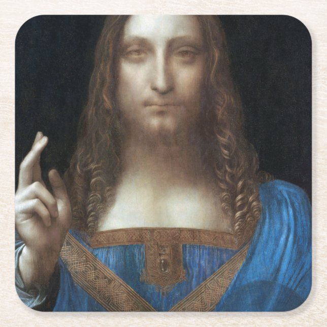 Salvator Mundi, Jesus Christ, Leonardo da Vinci Square Paper Coaster (Front)
