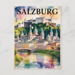 Salzburg Austria Castle Watercolor Painting Postcard