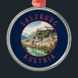 Salzburg Austria Retro Distressed Circle Metal Ornament<br><div class="desc">Salzburg retro vector travel design. Salzburg is an Austrian city on the border of Germany, with views of the Eastern Alps. The city is divided by the Salzach River, with mediaeval and baroque buildings of the pedestrian Altstadt (Old City) on its left bank, facing the 19th-century Neustadt (New City) on...</div>