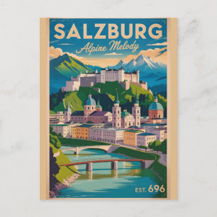 Salzburg Austria Retro Skyline Cityscape Travel Postcard