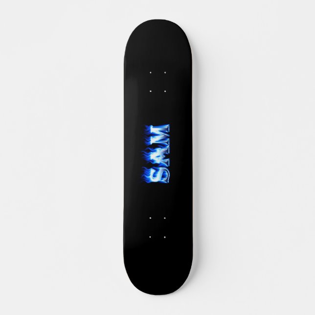 Sam skateboard blue fire and flames design. (Front)