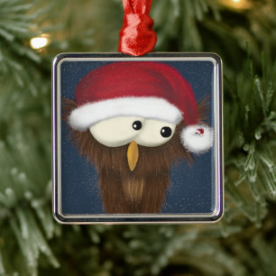 Sam The Cute and Festive Owl Painting Metal Ornament