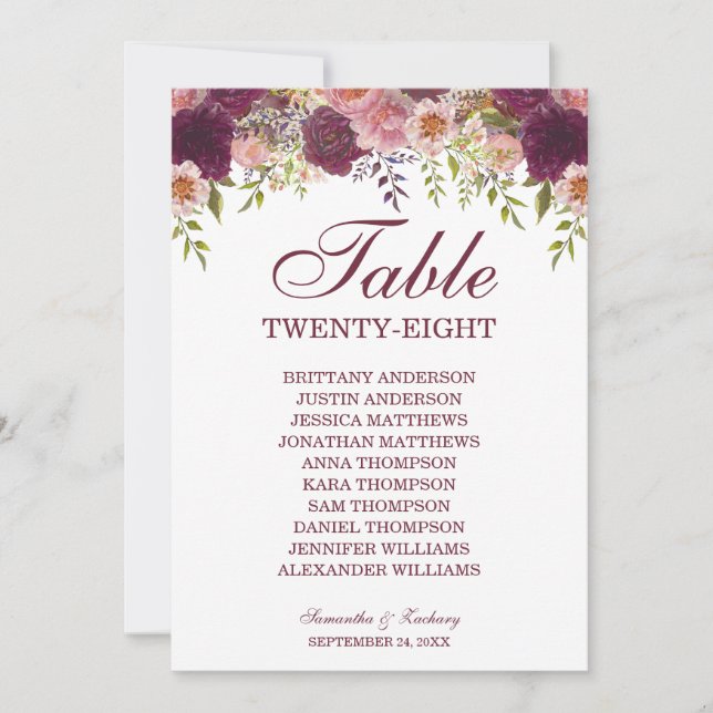 Samantha Elegant Wedding Table Seating Chart Card (Front)