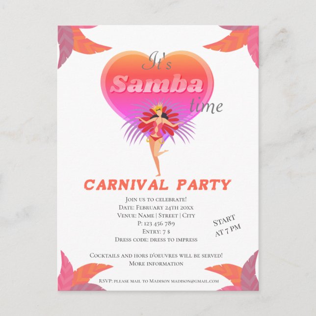 Samba dance brazilian carnival Invitation Postcard (Front)