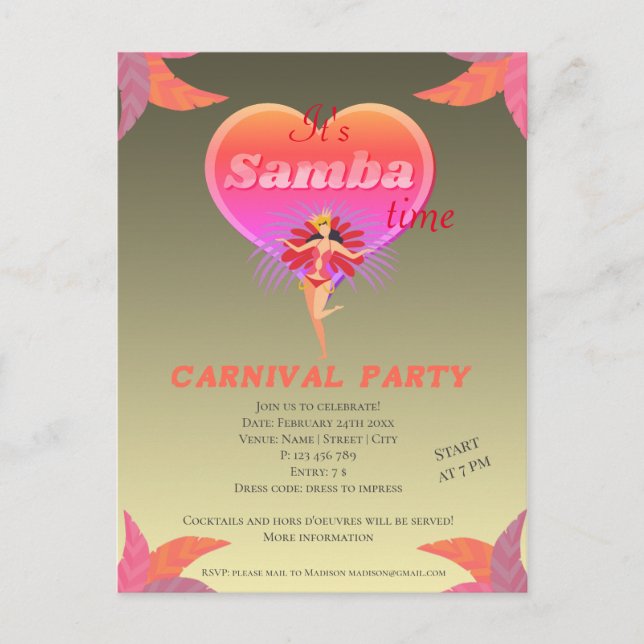 Samba dance brazilian carnival Invitation Postcard (Front)
