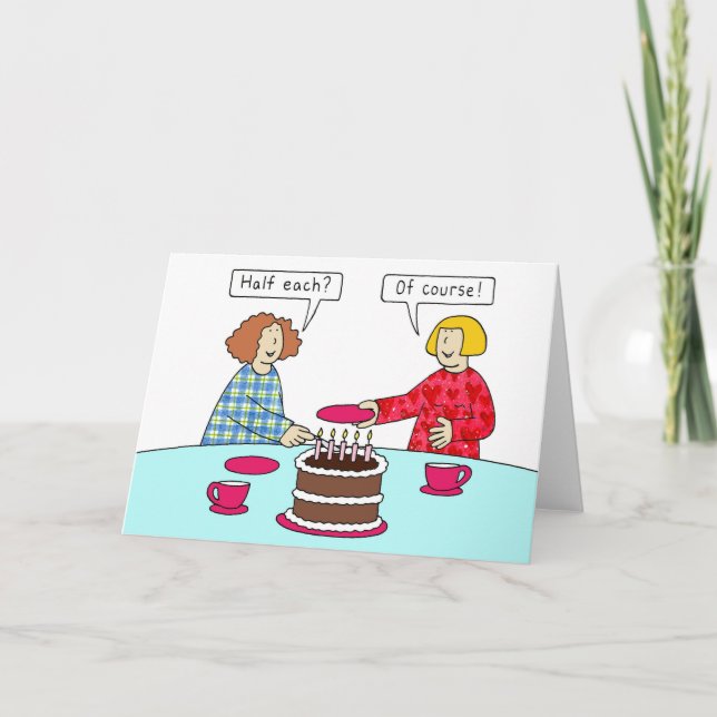 Same Date, Joint, Mutual Birthday Ladies and Cake. Card (Front)