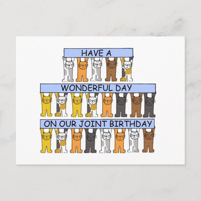 Same Day, Joint, Mutual Birthday, Cartoon Cats Postcard (Front)