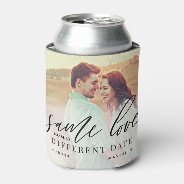 Same Love Different Date Calligraphy Wedding Photo Can Cooler (Can Front)