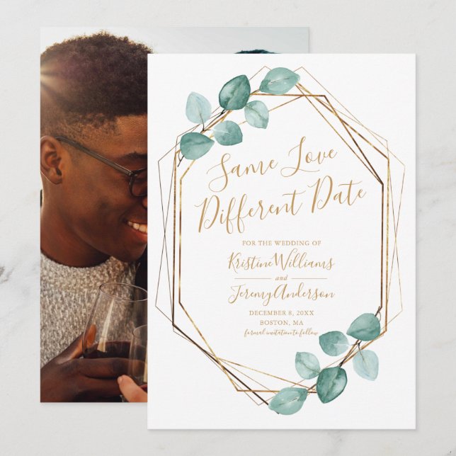 Same Love Different Date Eucalyptus Gold Photo Save The Date (Front/Back)
