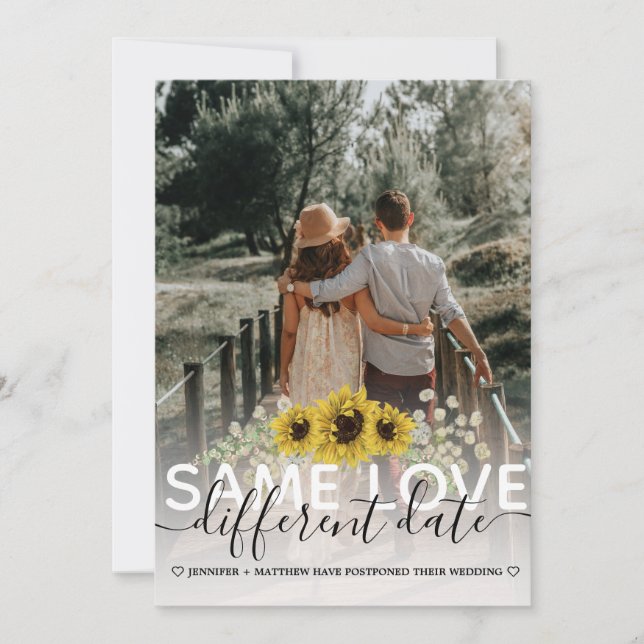 Same Love Different Date Sunflower Wedding Photo Announcement (Front)