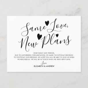 Same Love New Plans Hearts Wedding Postponement Announcement Postcard