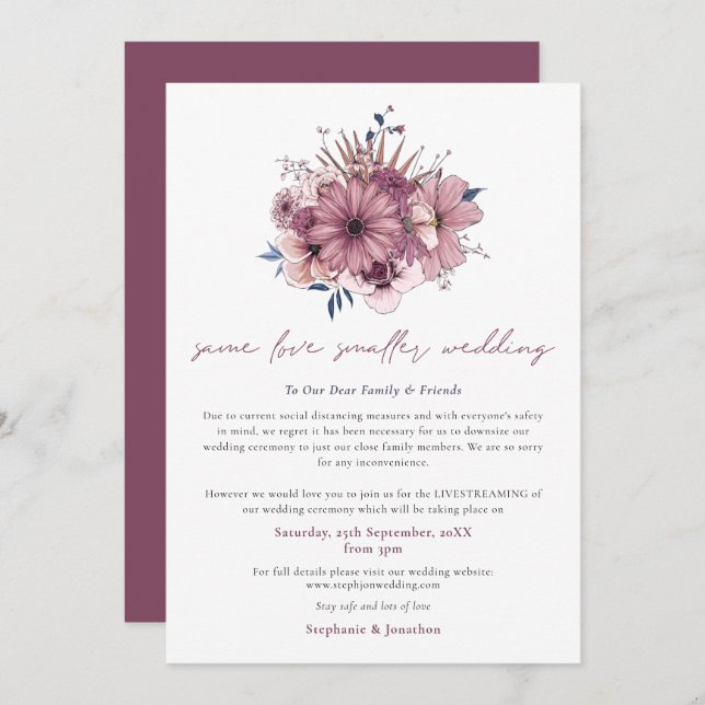Same Love Smaller Wedding Downsize Pink Florals Announcement (Front/Back)