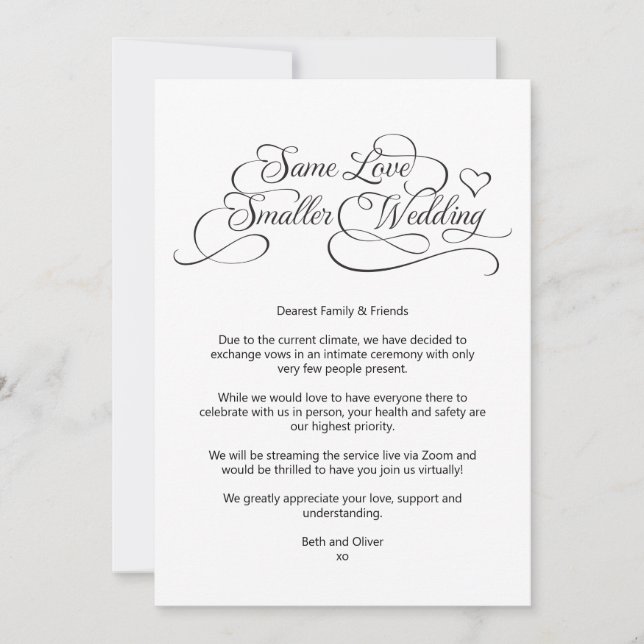 Same Love Smaller Wedding Downsized Calligraphy Announcement (Front)