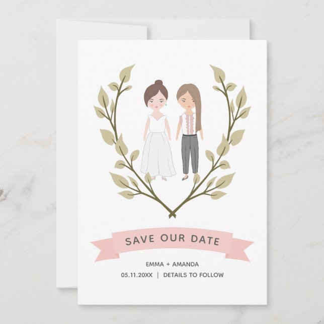 Same-Sex Couple Cute Portrait Save the Date Card (Front)