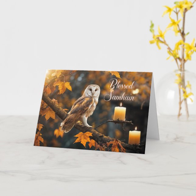 Samhain Blessing with Pretty Mystical Image of Owl Card (Yellow Flower)