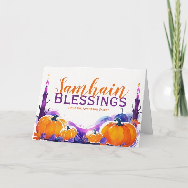 Samhain Blessings Pumpkins & Candles Halloween Holiday Card (Front)