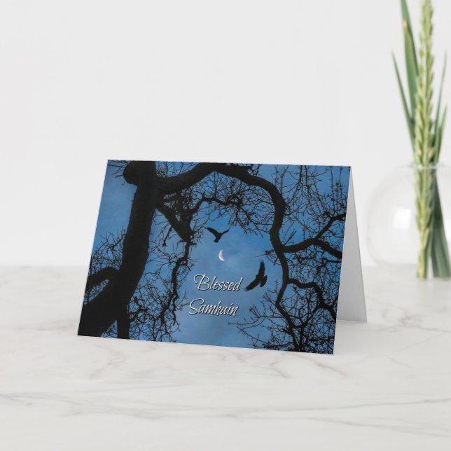 Samhain Blessings, Raven, Crescent Moon and Oak Card (Front)