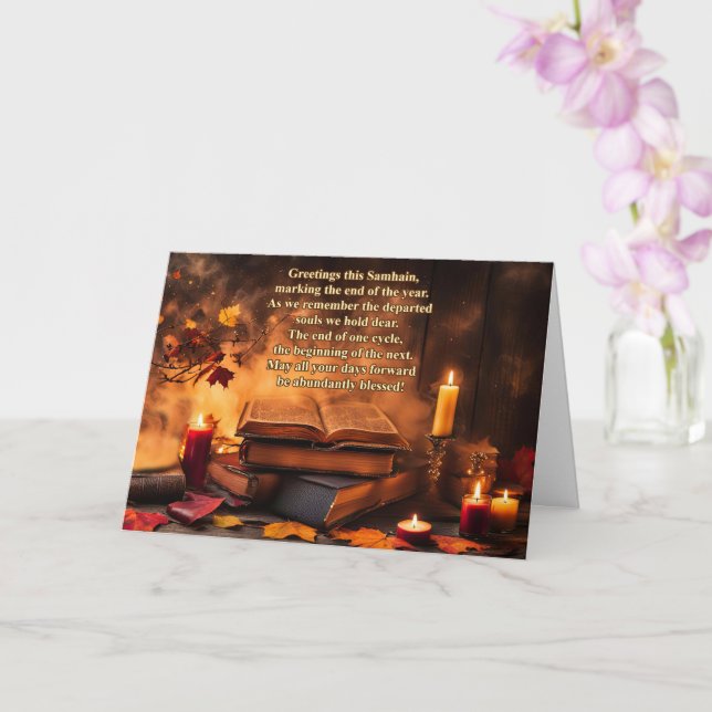 Samhain Blessings with Books Candles Mystical Card (Orchid)