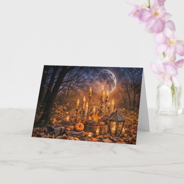 Samhain Candles and Lantern Moon Outdoors Mystical Card (Orchid)