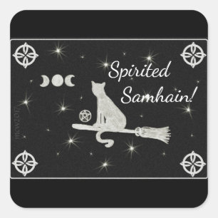 Samhain Magick Cat on Broom Black and White Square Sticker