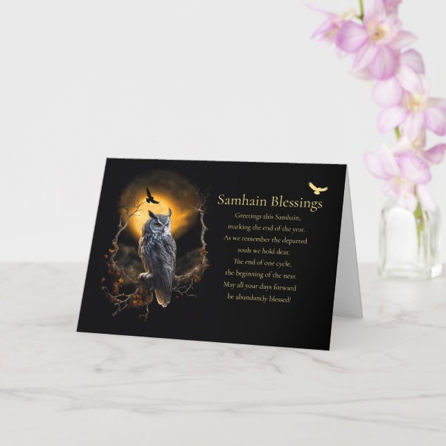 Samhain Pagan Holiday with Owl and Blessing Poem Card (Orchid)
